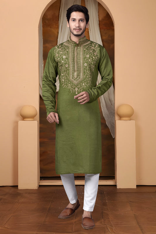 Embroidery Green Silk Kurta For man