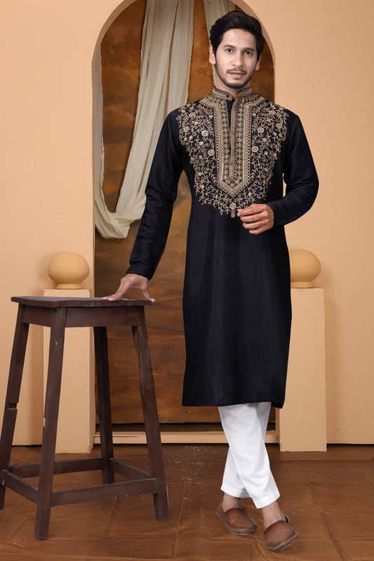 Embroidery Black Silk Kurta For Man