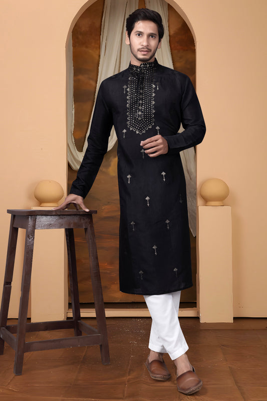 Embroidery Work Black Silk Kurta For Man