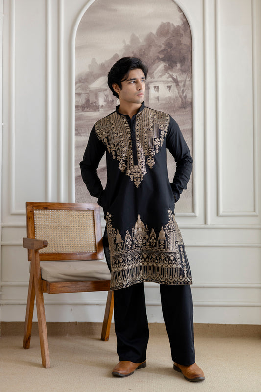 Embroidery Black Silk Kurta For Man