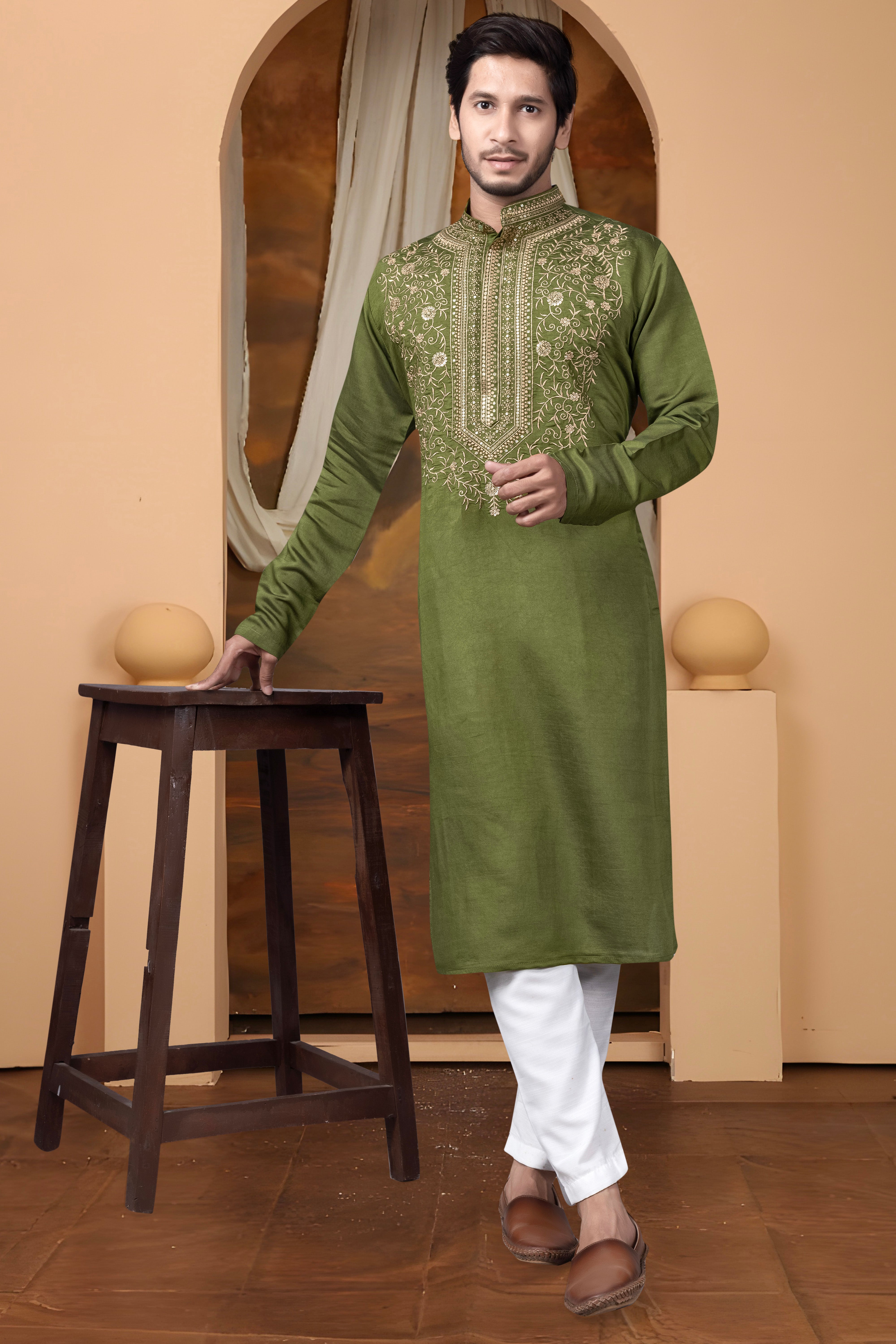 Embroidery Green Silk Kurta For man