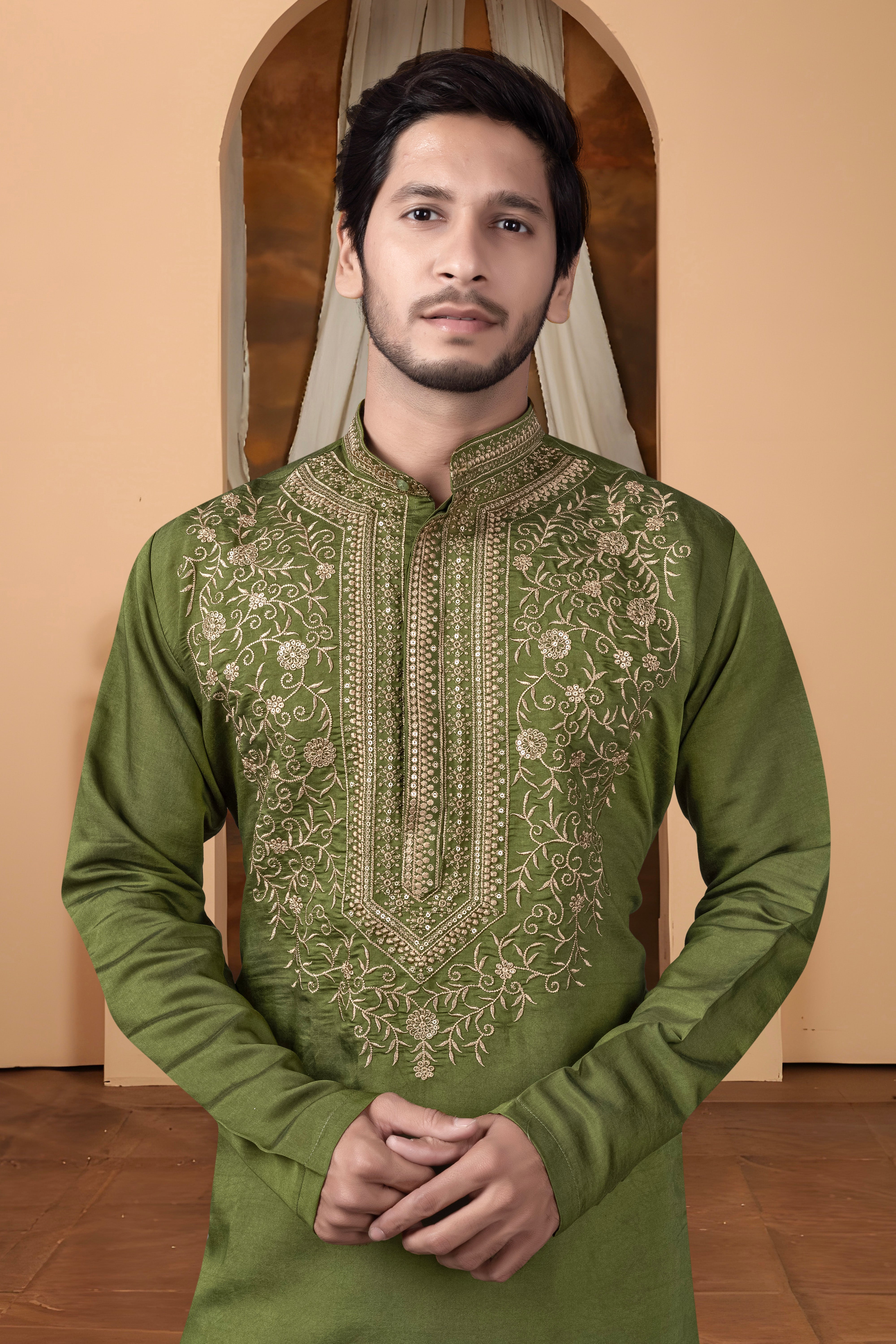 Embroidery Green Silk Kurta For man