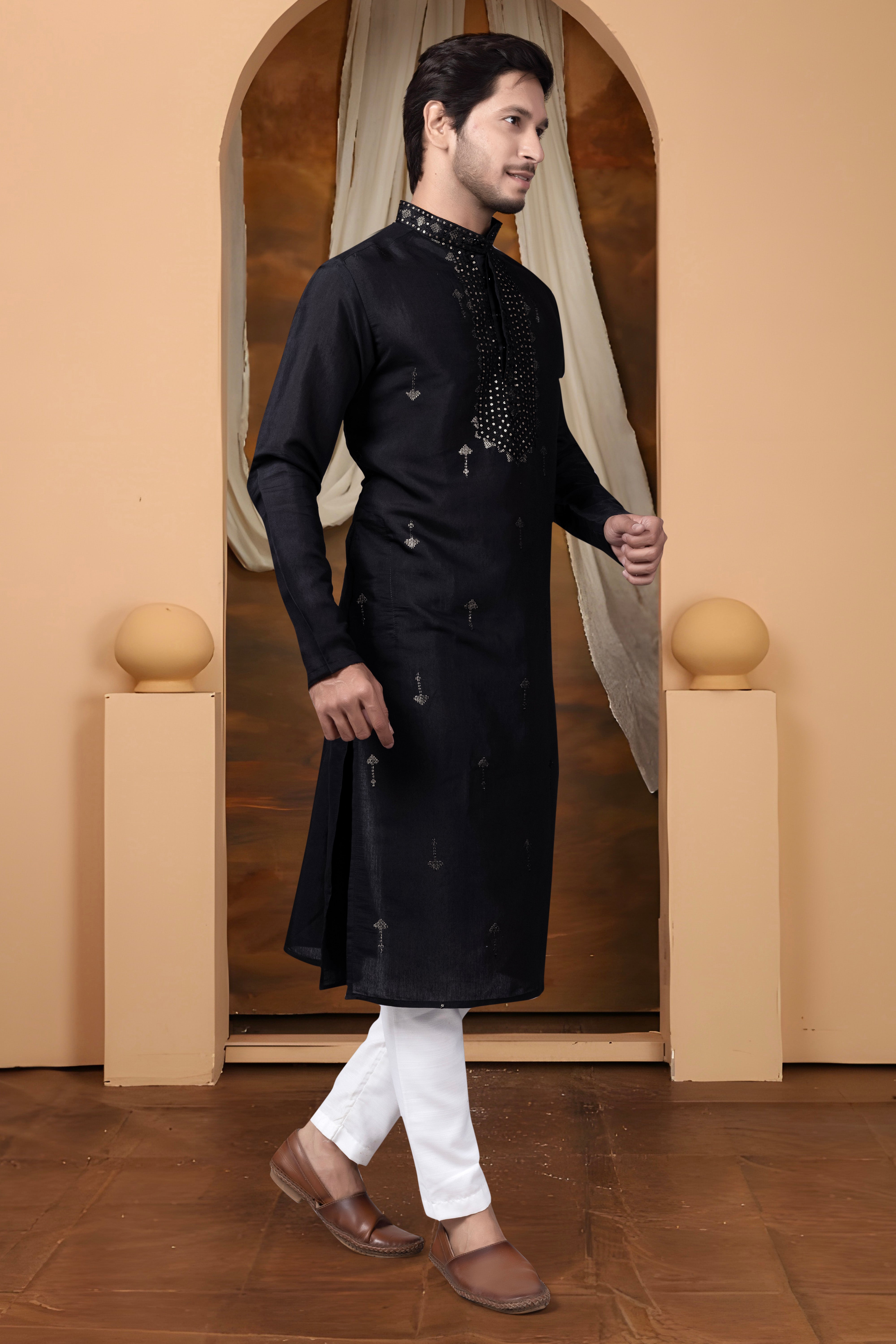 Embroidery Work Black Silk Kurta For Man