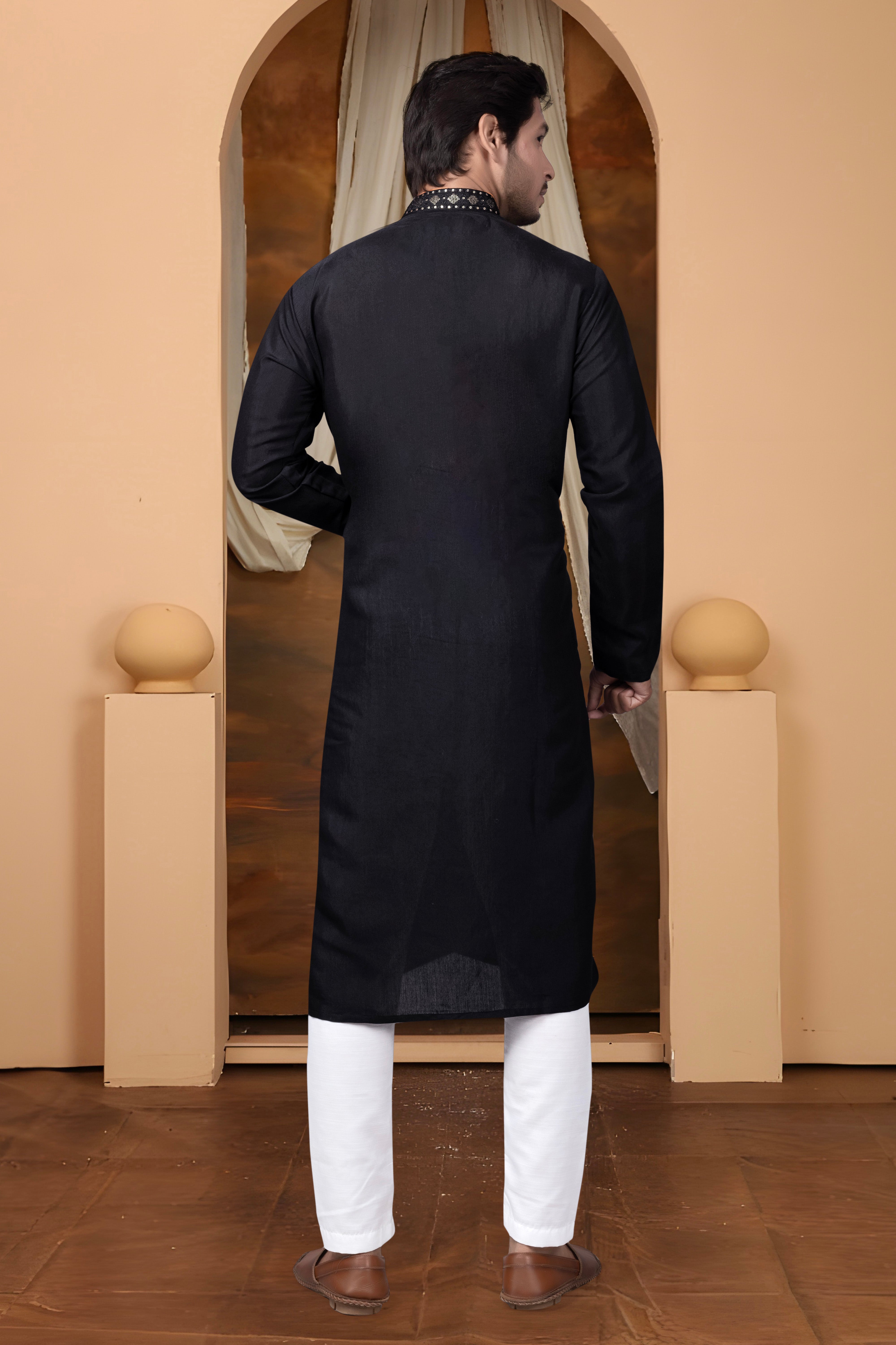 Embroidery Work Black Silk Kurta For Man