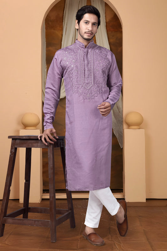 Embroidered Lavender Silk Blend Kurta For Man