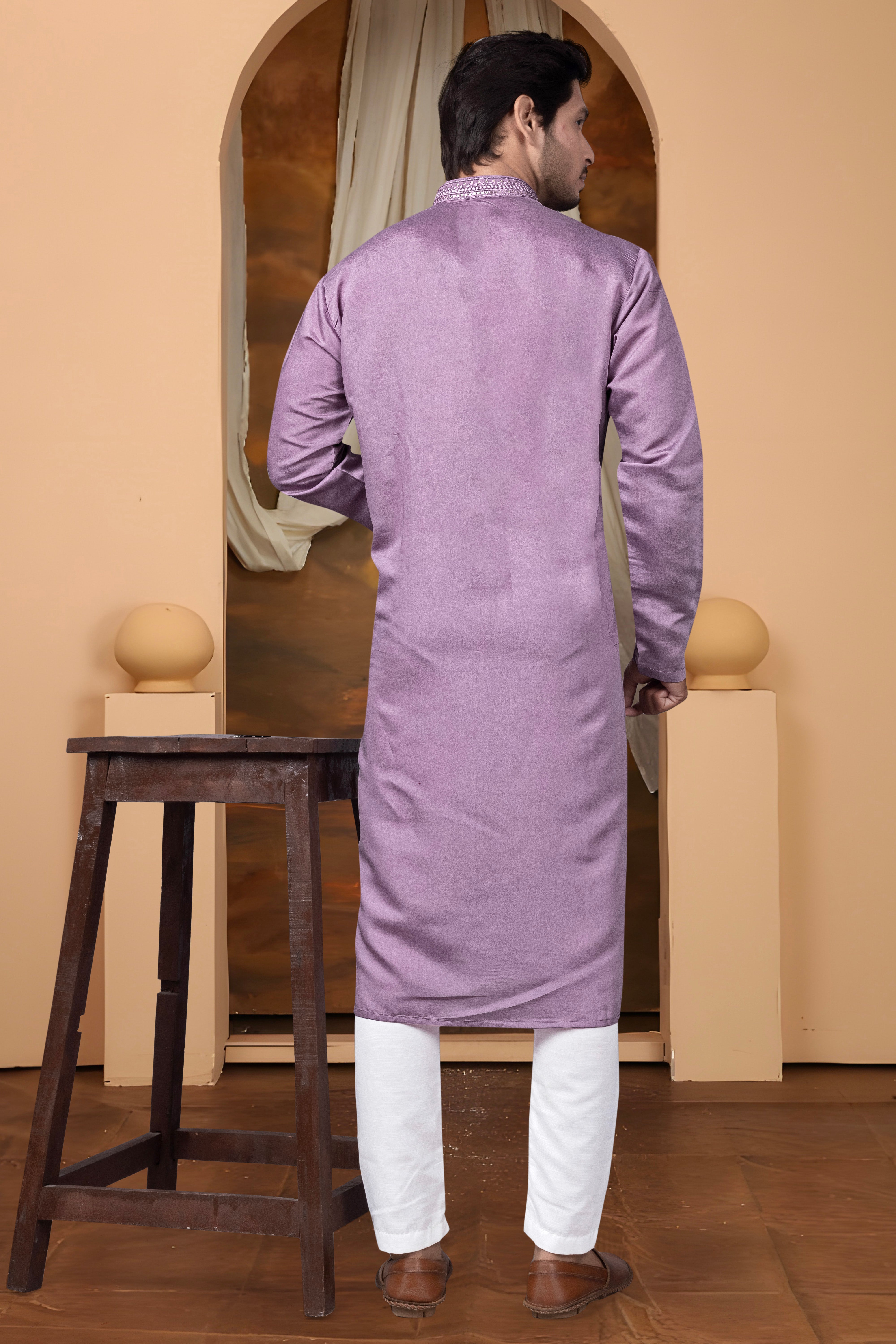 Embroidered Lavender Silk Blend Kurta For Man