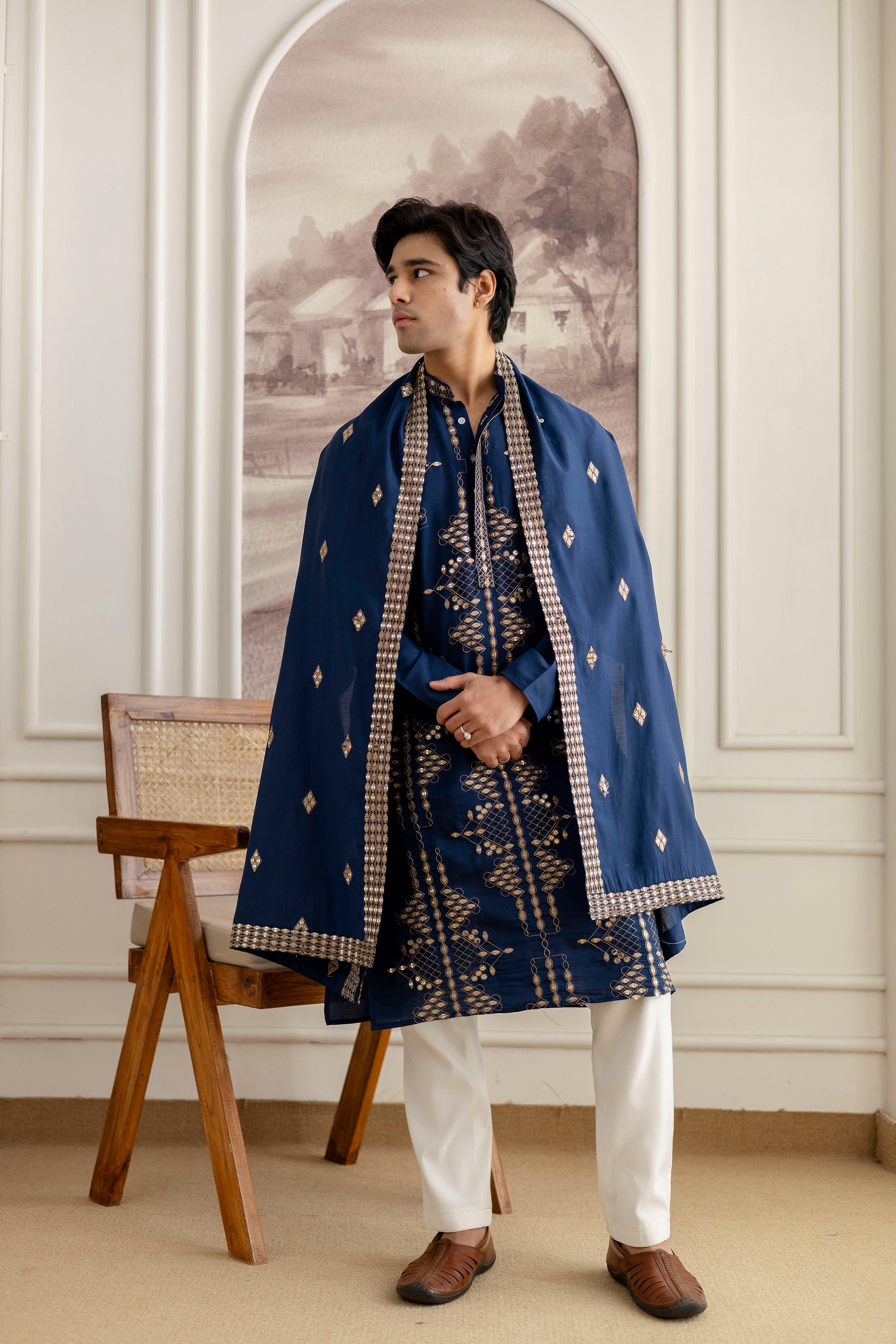 Embroidery Silk Kurta For Man With Dupatta