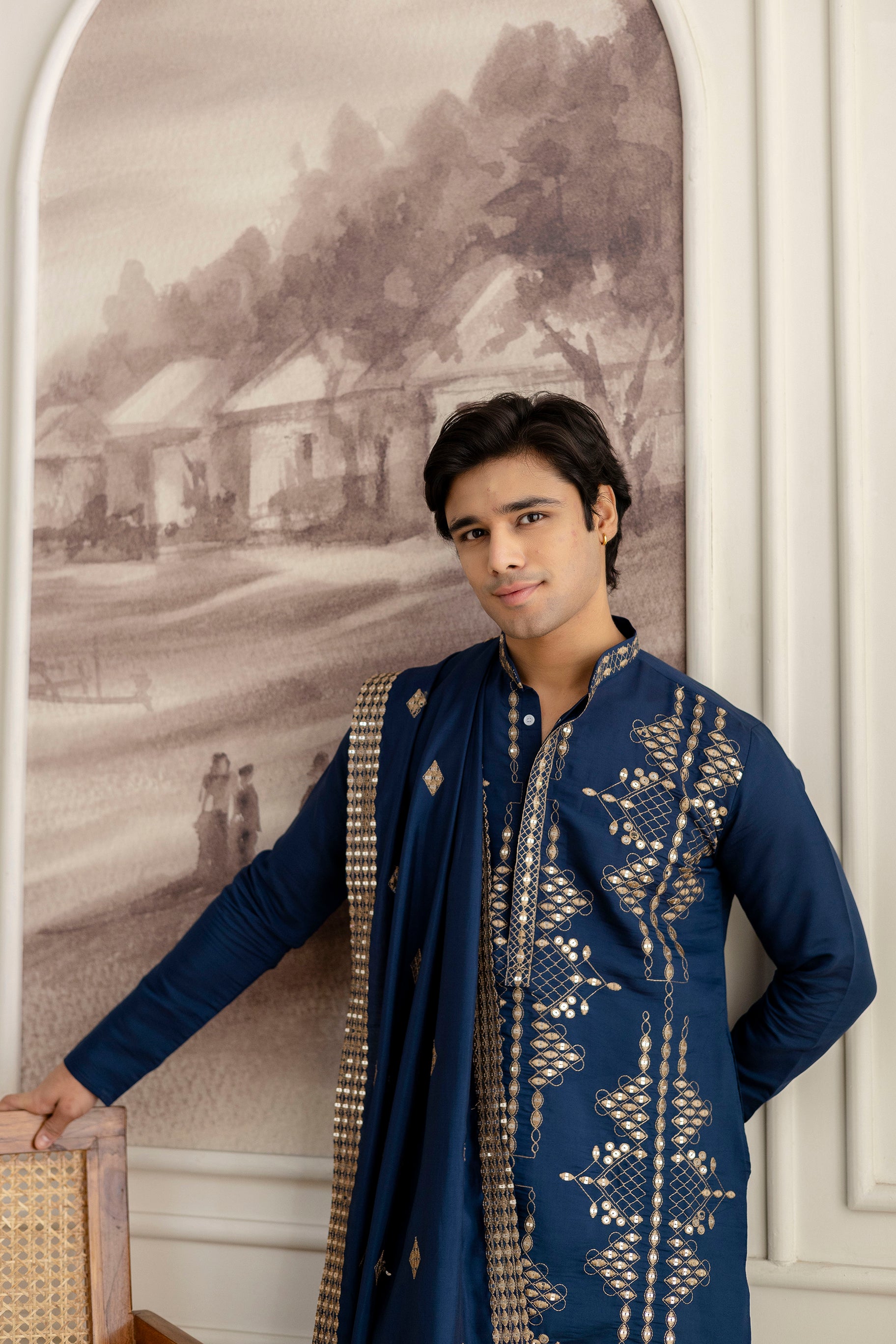 Embroidery Silk Kurta For Man With Dupatta