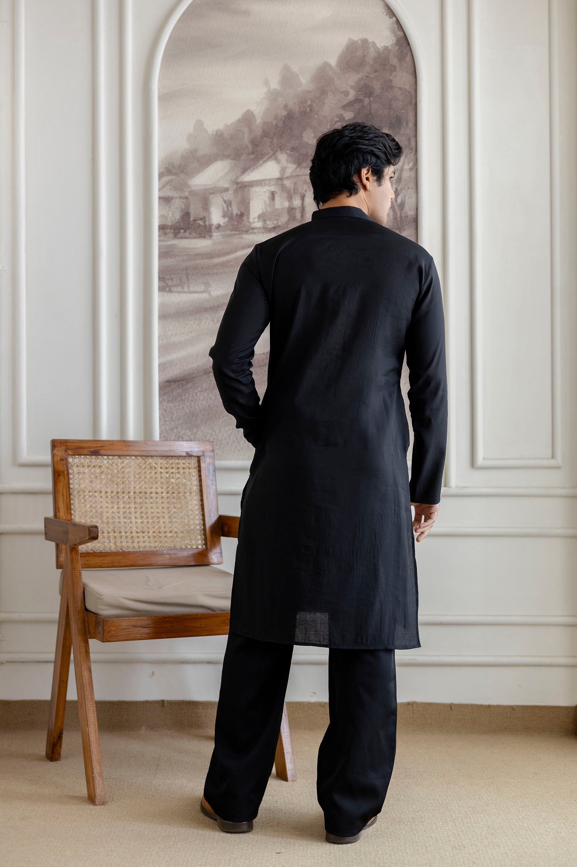 Embroidery Black Silk Kurta For Man