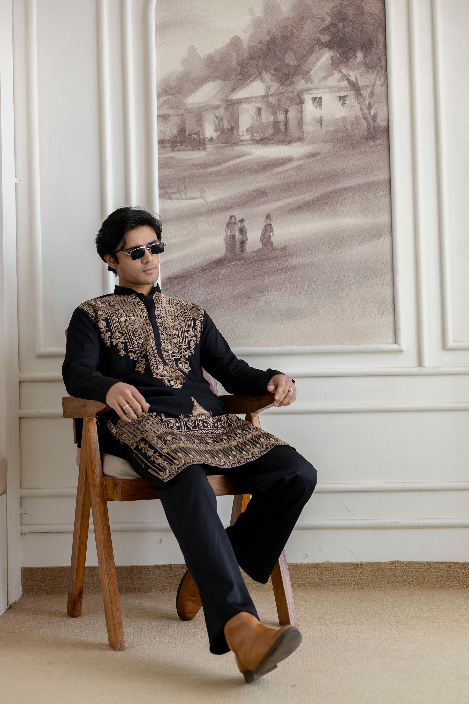 Embroidery Black Silk Kurta For Man