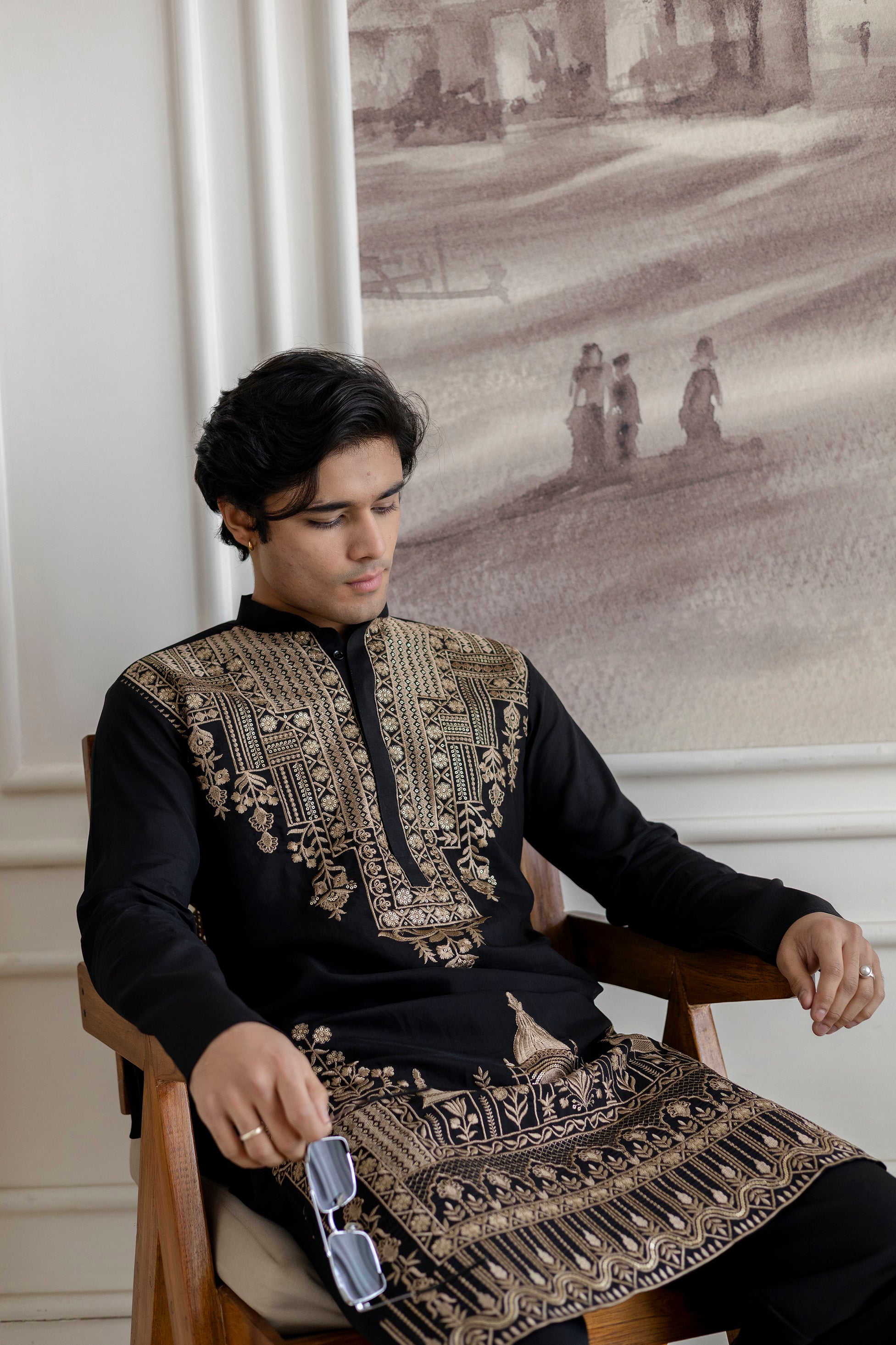 Embroidery Black Silk Kurta For Man
