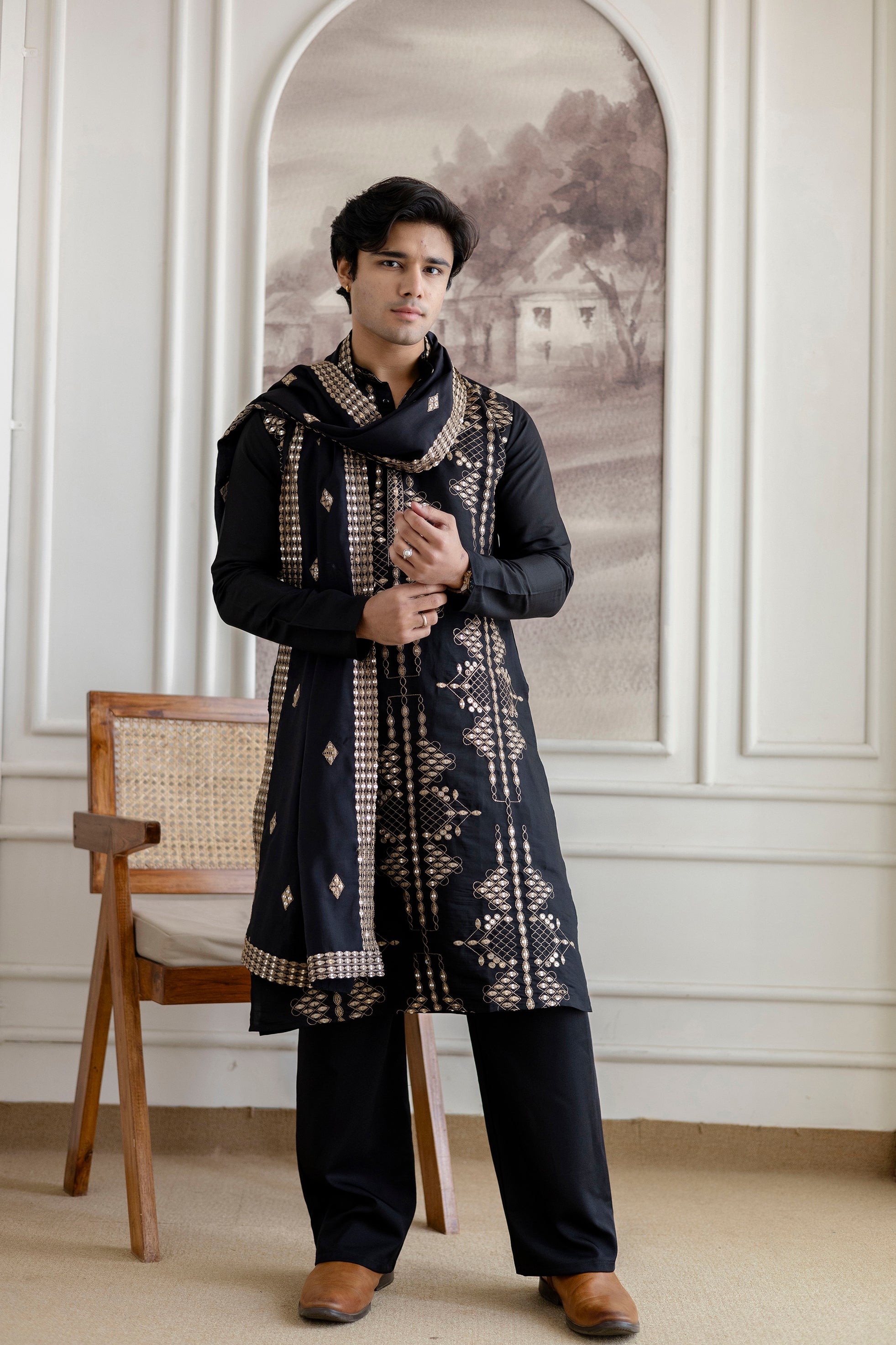 Embroidery Silk Kurta For Man with Dupatta