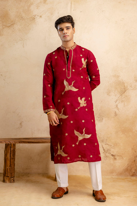 Embroidered Silk Blend Kurta For Man