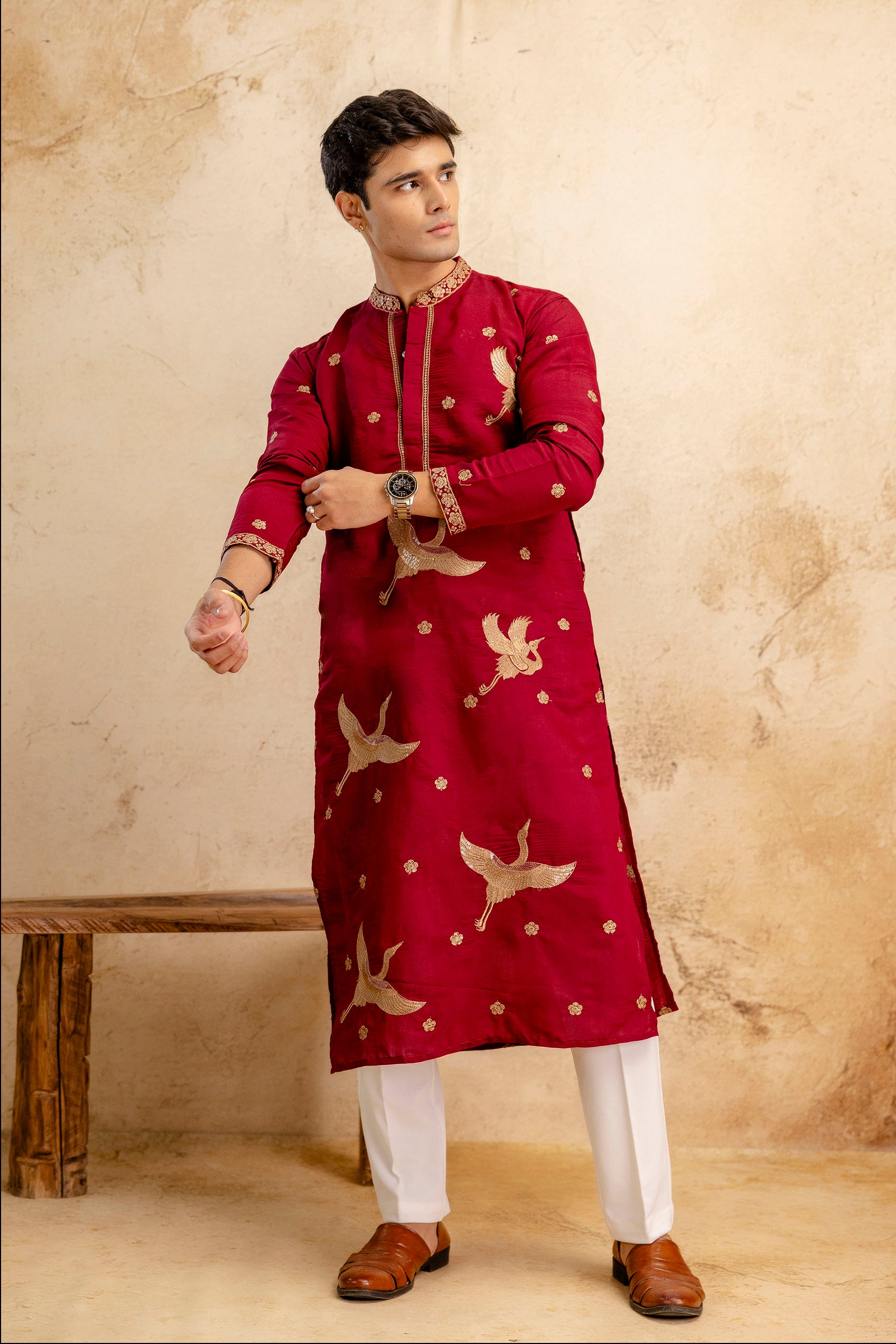 Embroidered Silk Blend Kurta For Man