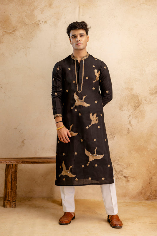 Embroidered Black Silk Blend Kurta For Man