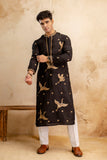 Embroidered Black Silk Blend Kurta For Man