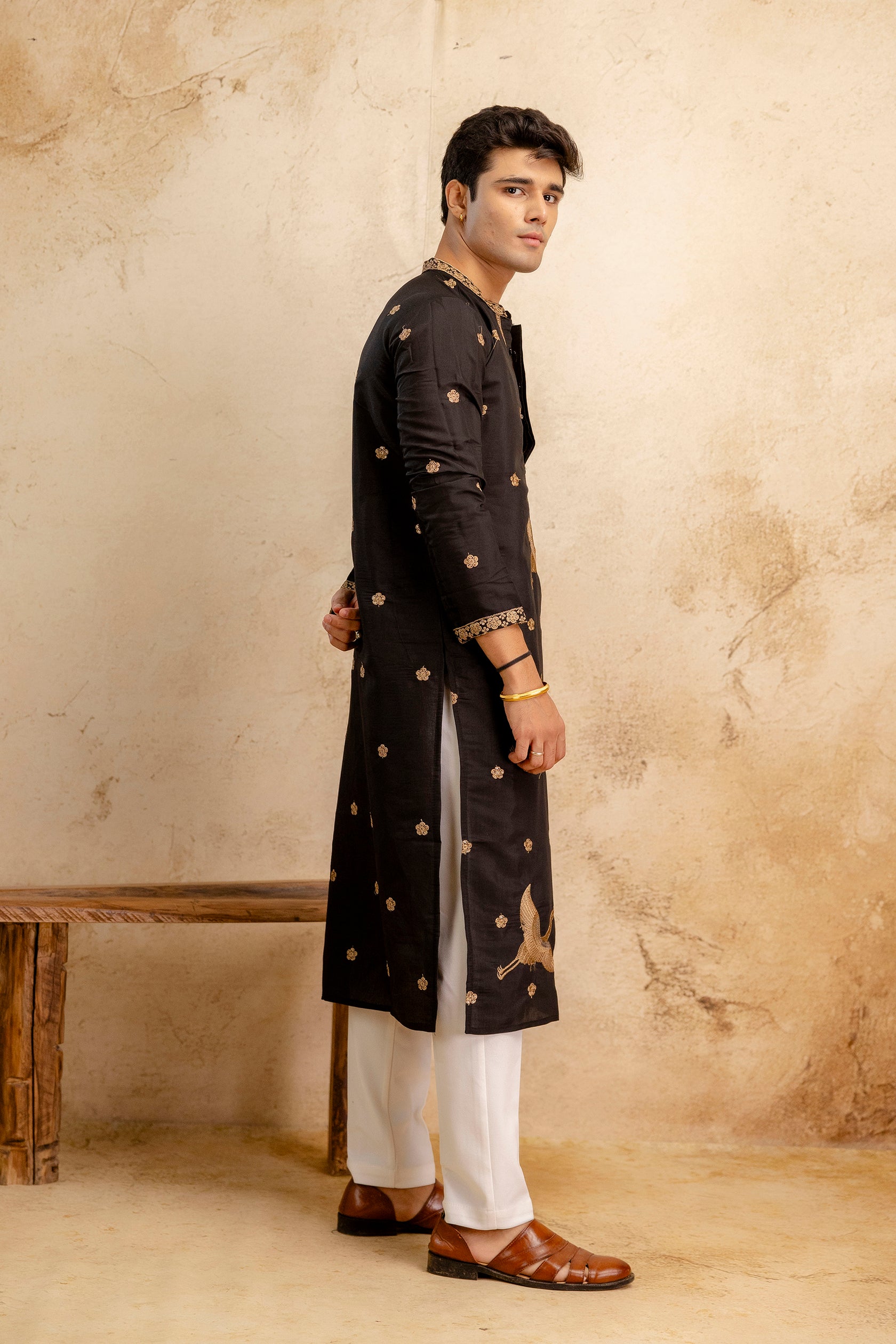Embroidered Black Silk Blend Kurta For Man