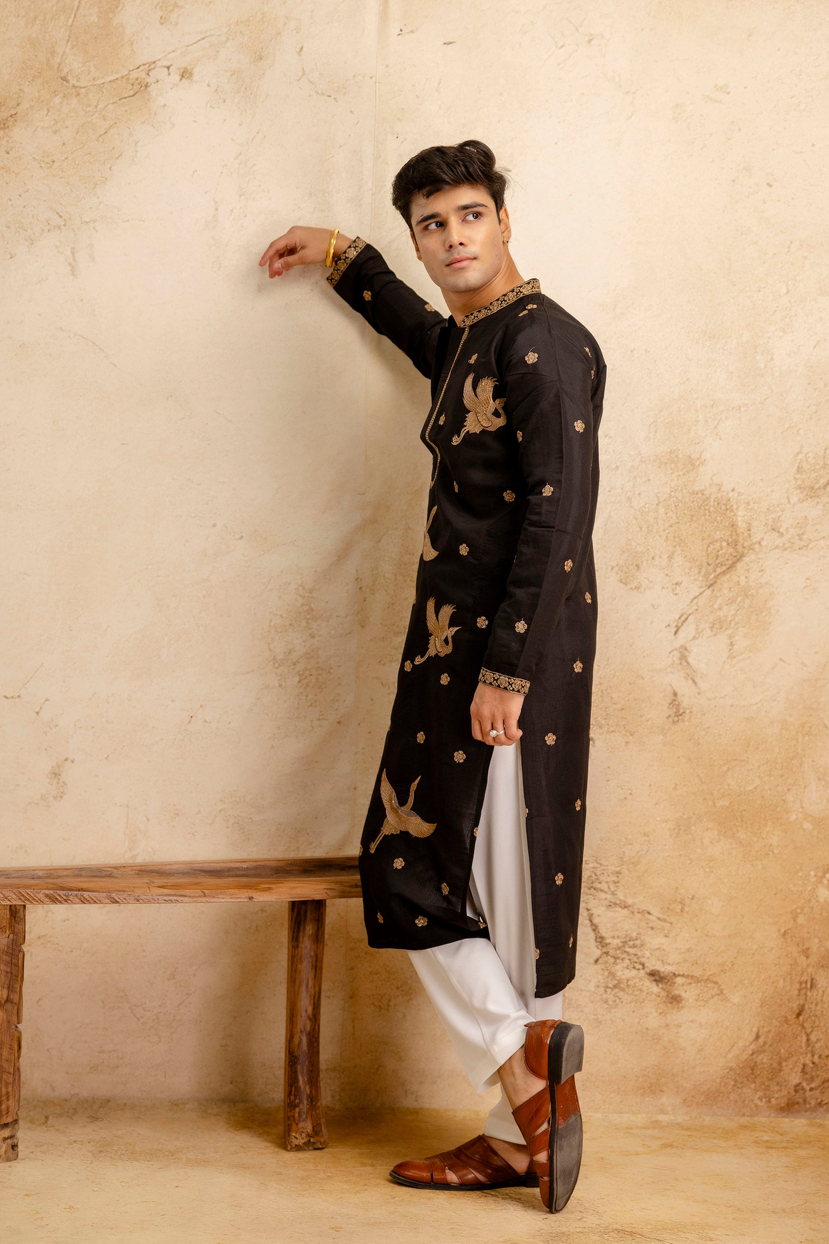 Embroidered Black Silk Blend Kurta For Man