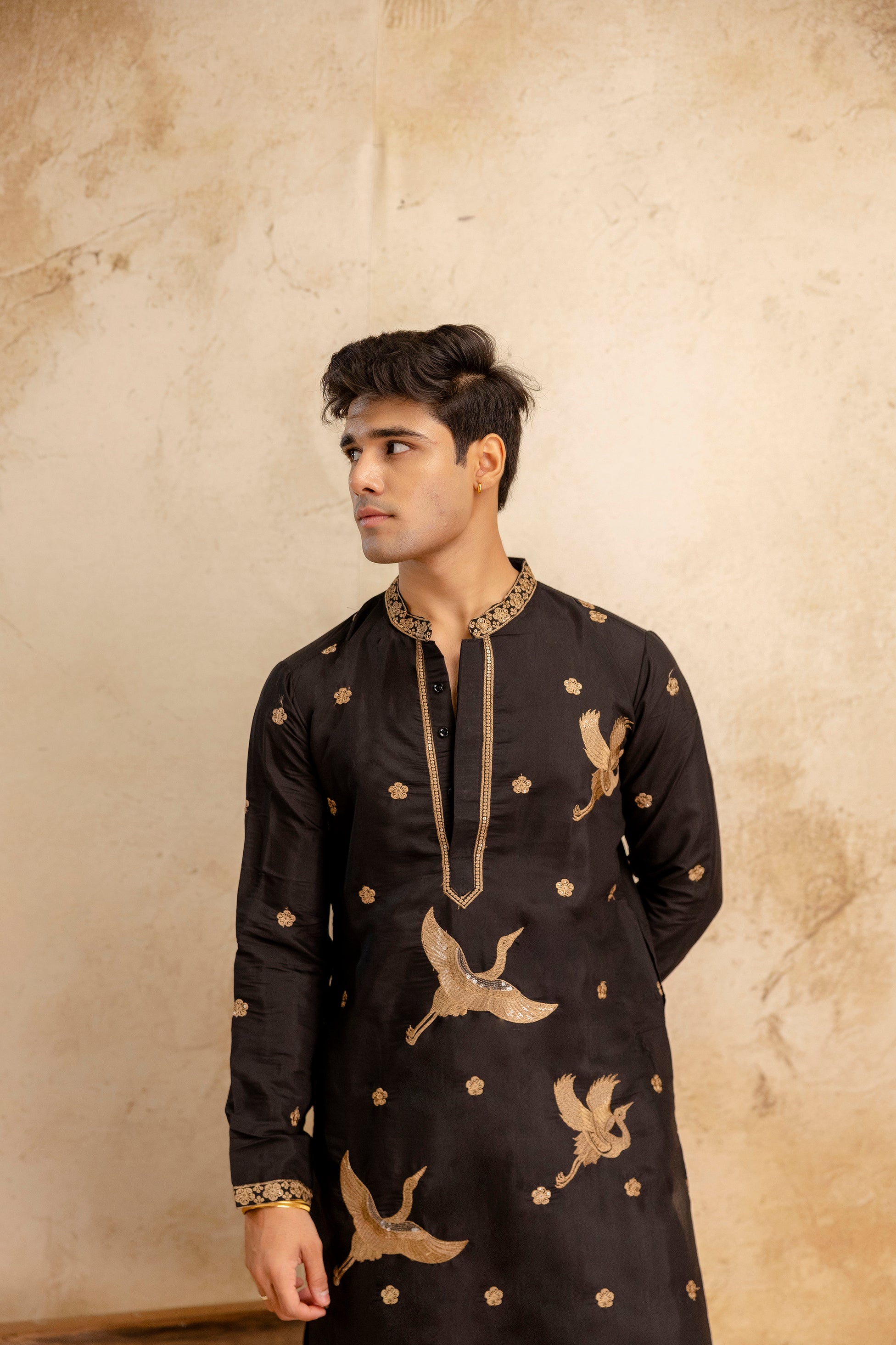 Embroidered Black Silk Blend Kurta For Man