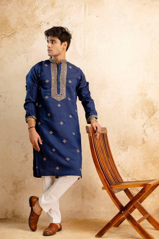 Embroidery Blue Silk Kurta For Man