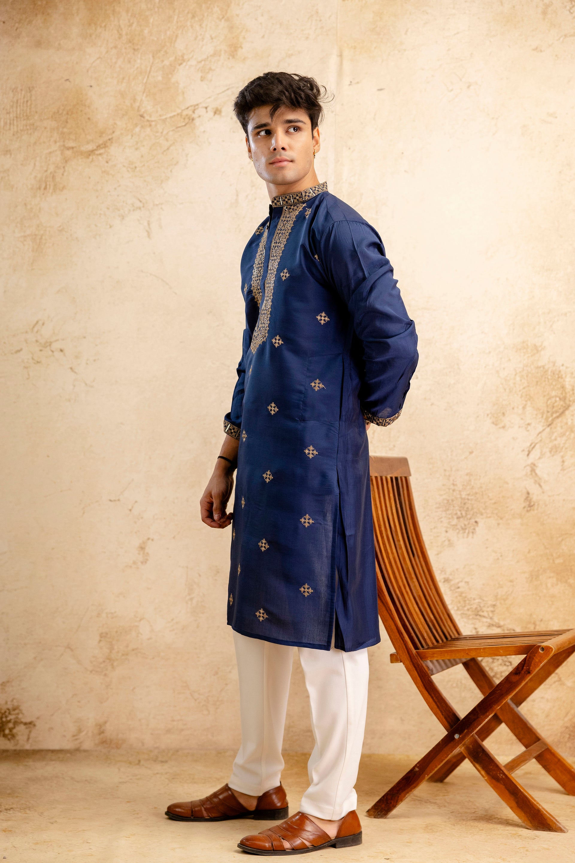 Embroidery Blue Silk Kurta For Man