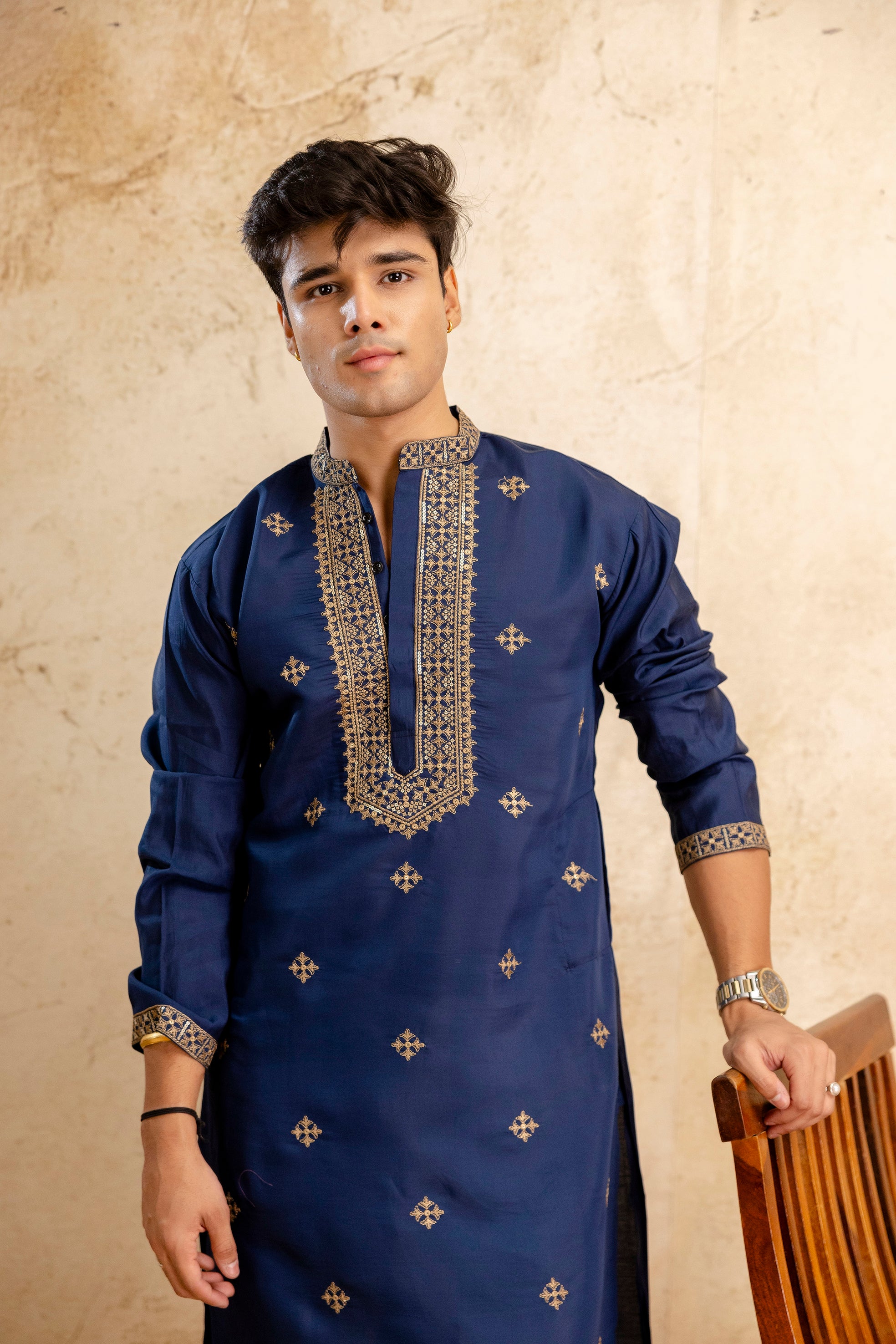 Embroidery Blue Silk Kurta For Man