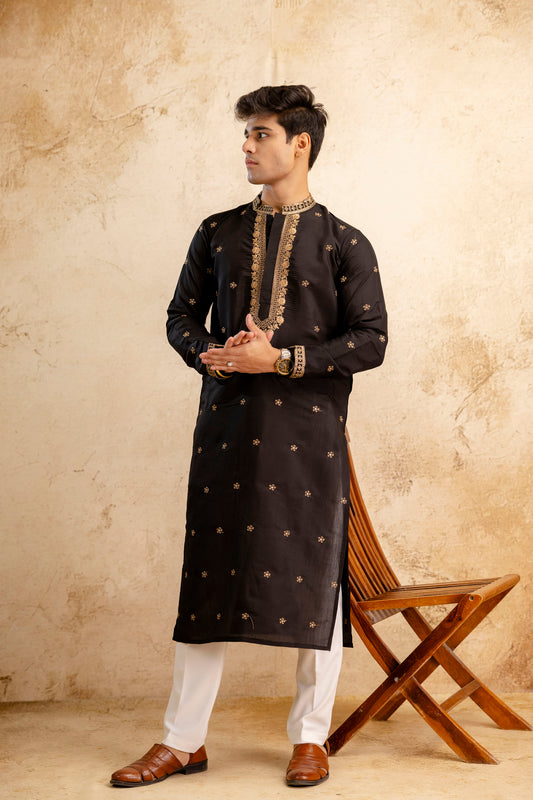 Embroidery Black Silk Kurta For Man