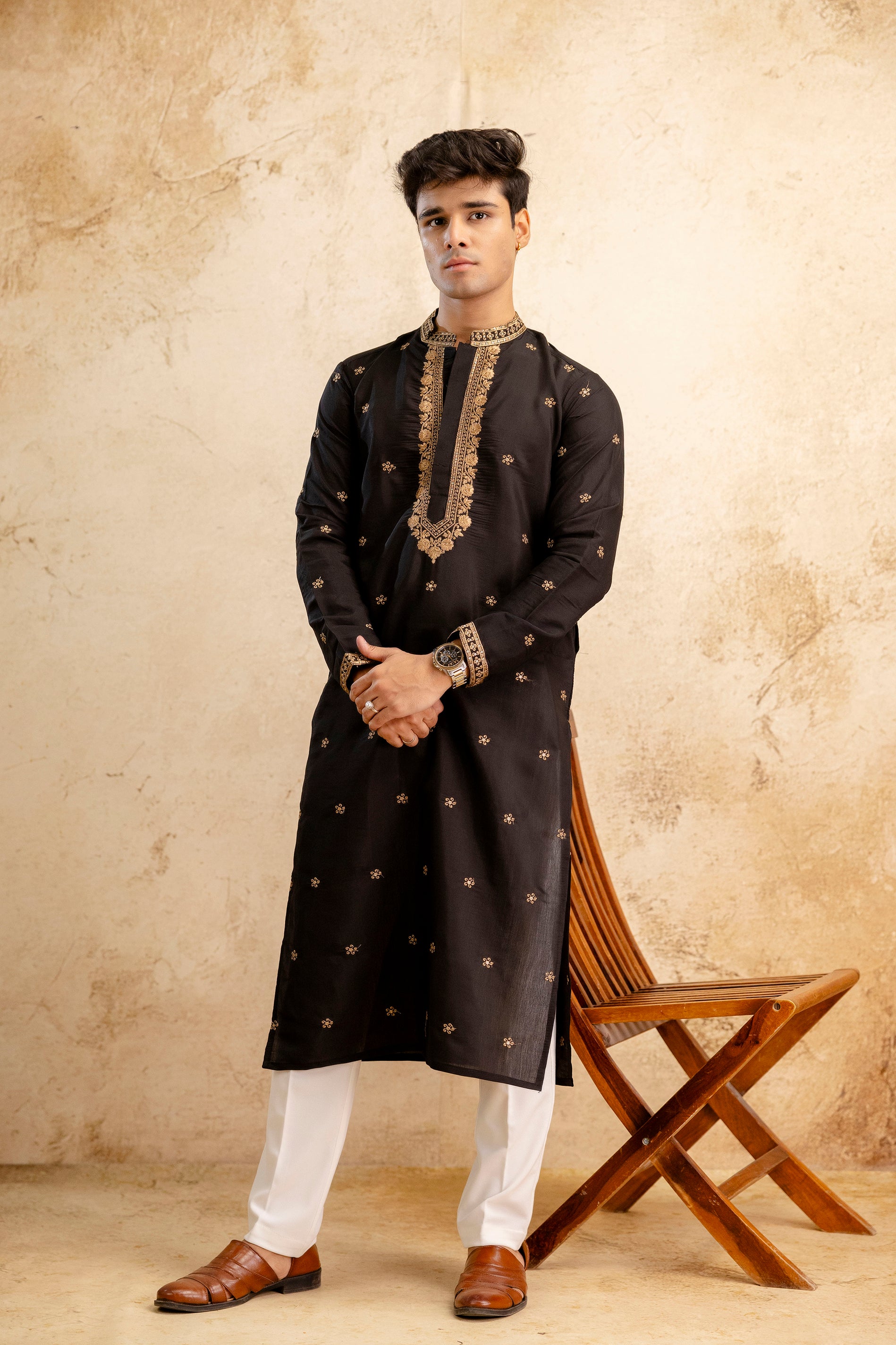 Embroidery Black Silk Kurta For Man