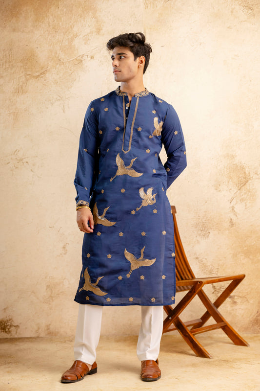 Embroidered Blue Silk Blend Kurta For Man