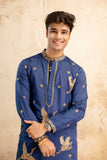 Embroidered Blue Silk Blend Kurta For Man