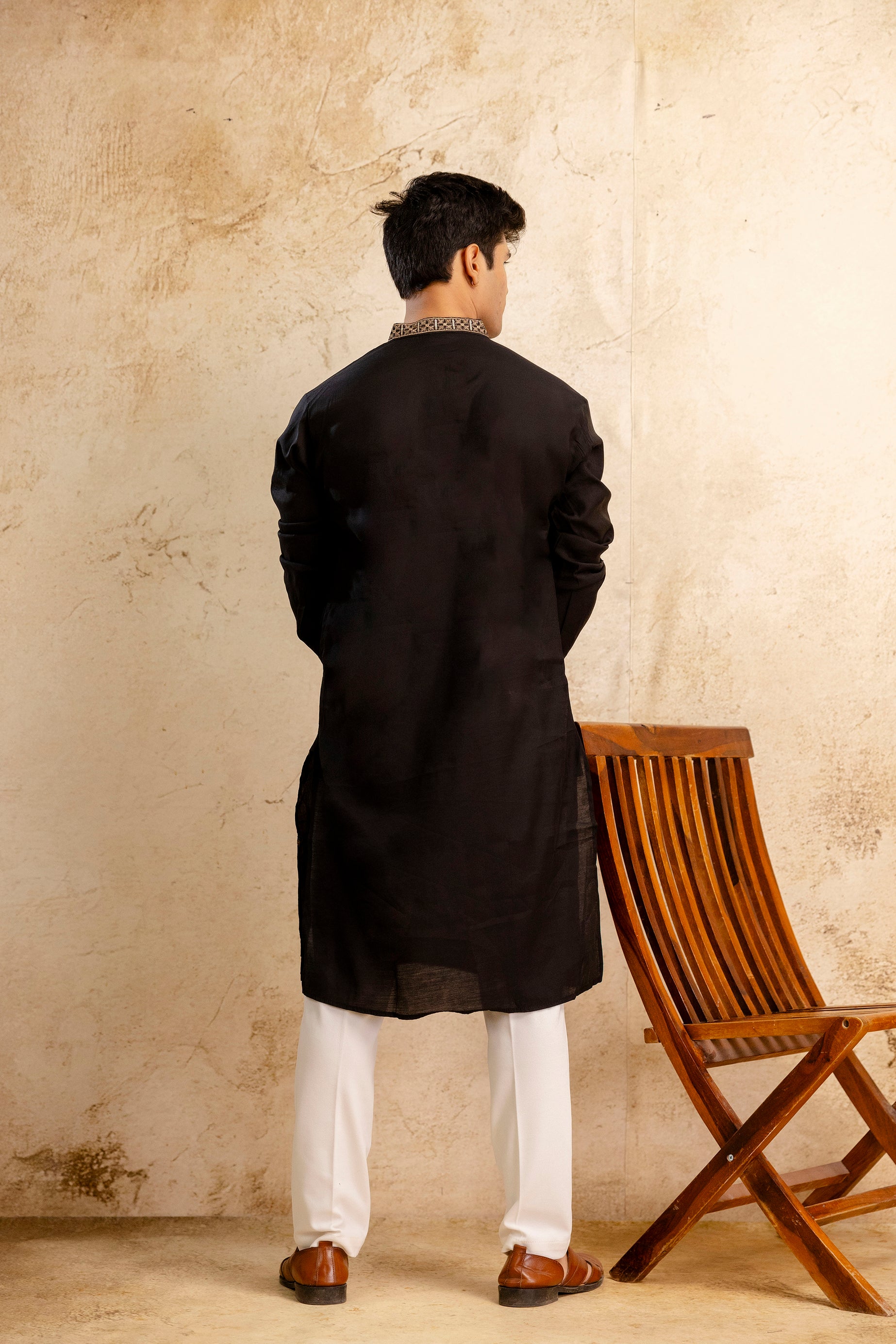 Embroidery Black Silk Kurta For Man