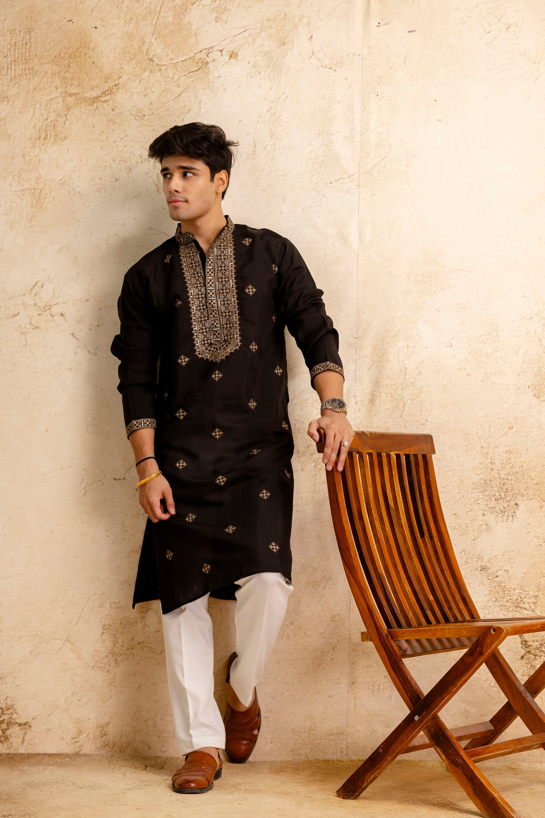 Embroidery Black Silk Kurta For Man