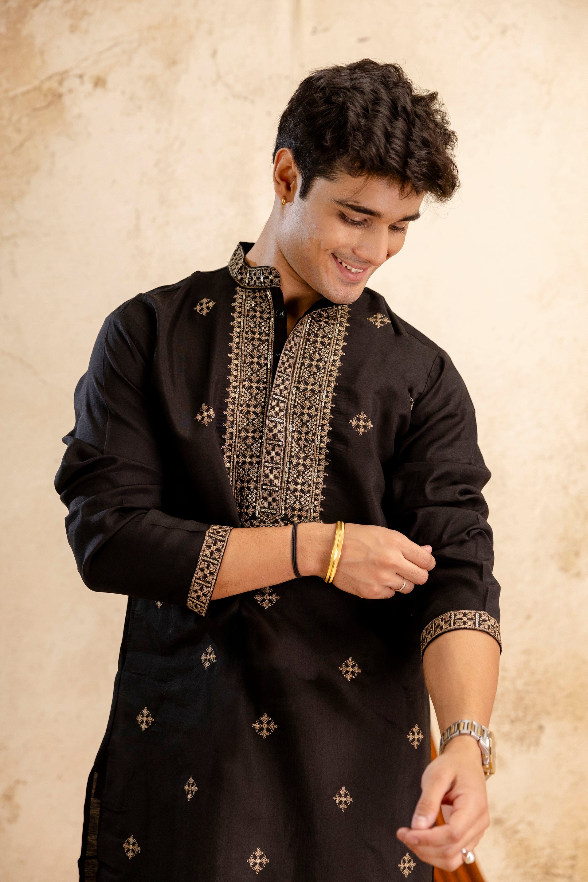 Embroidery Black Silk Kurta For Man