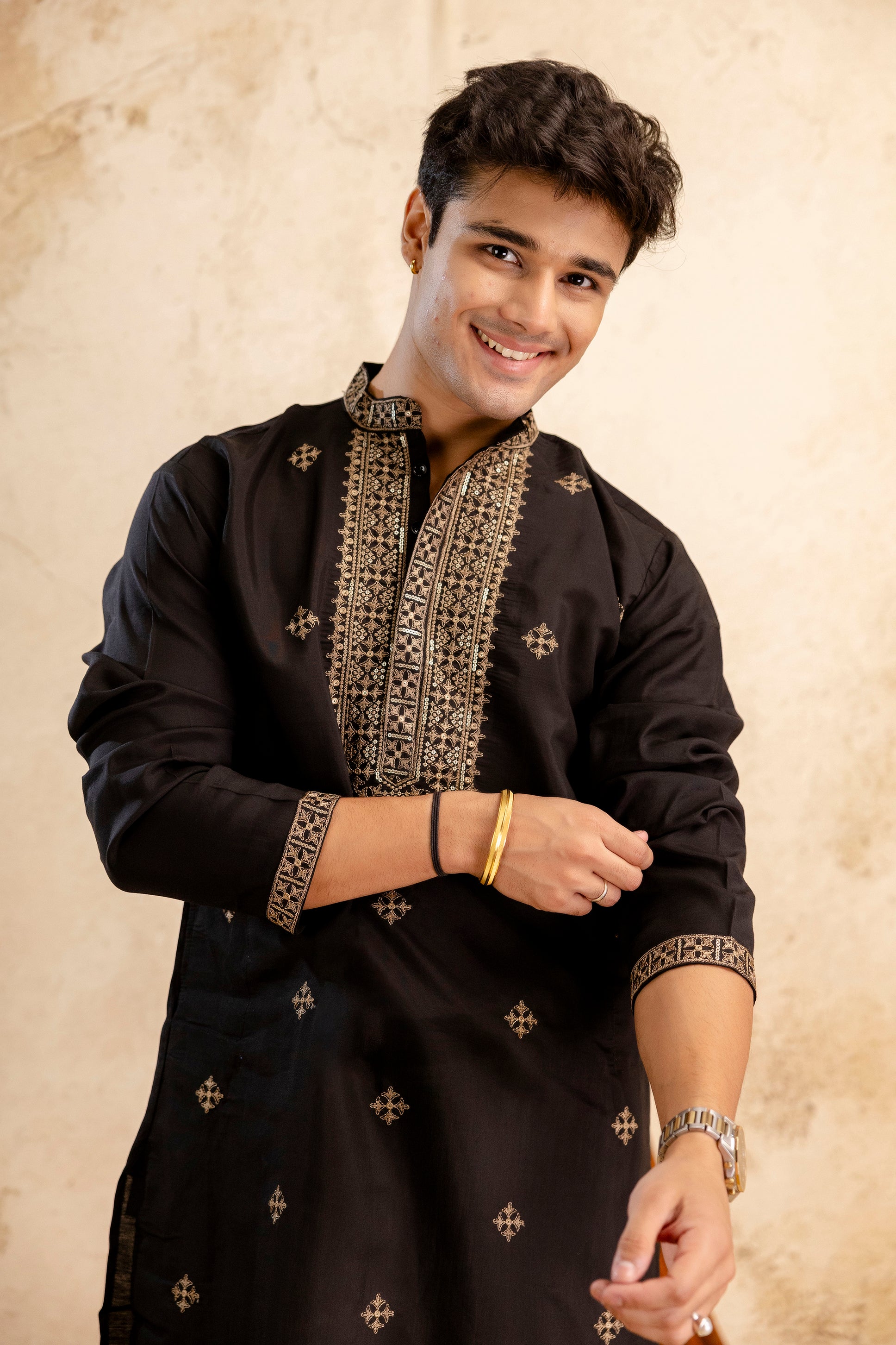 Embroidery Black Silk Kurta For Man
