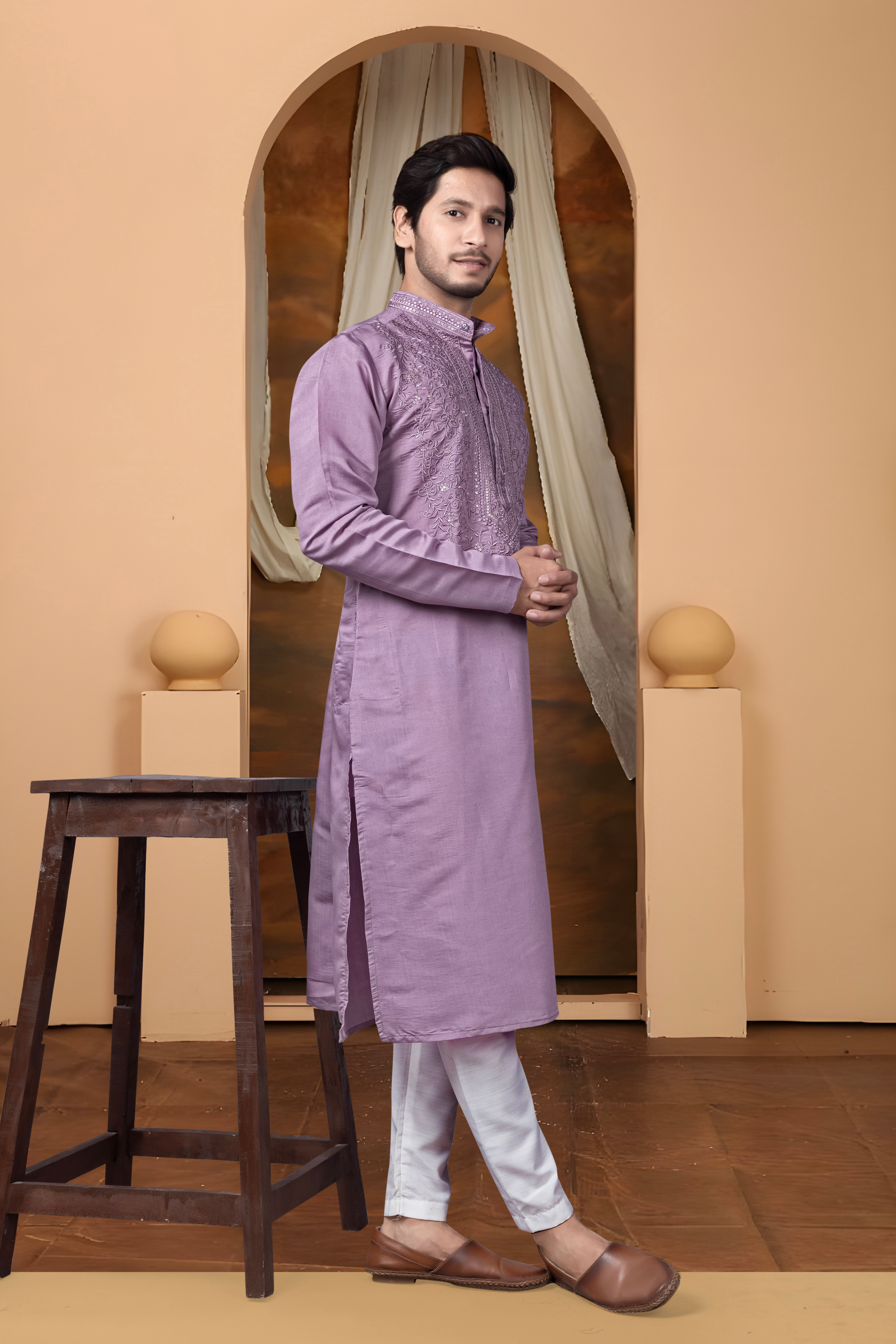 Embroidered Lavender Silk Blend Kurta For Man